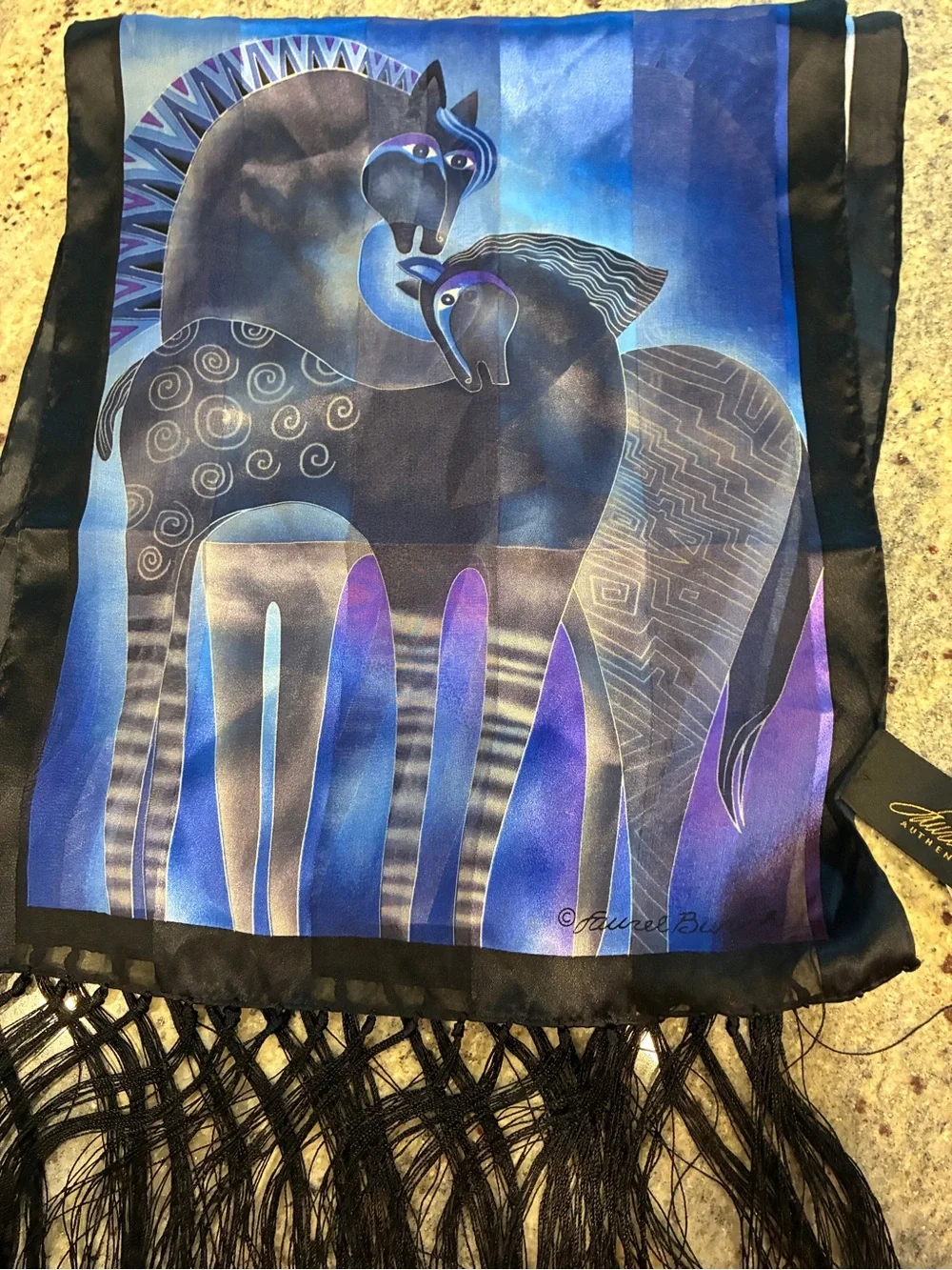 Laurel Burch Vibrant Blue and Black Horse Print Scarf